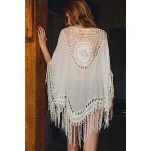 NWT Bohemian Fringe Crochet Ivory Medallion Tassel Kimono One Size Fits All
